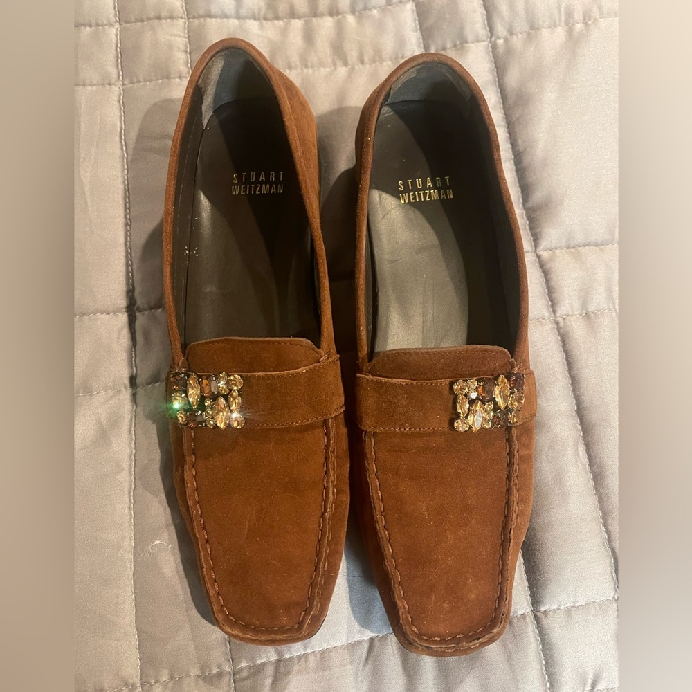 STUART WEITZMAN Brown Suede Rhinestone Embellished Loafer Size 8